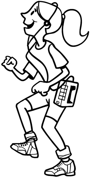 Jogging girl listening to headphone music vinyl sticker. Customize on line. Radio Television Video 078-0185